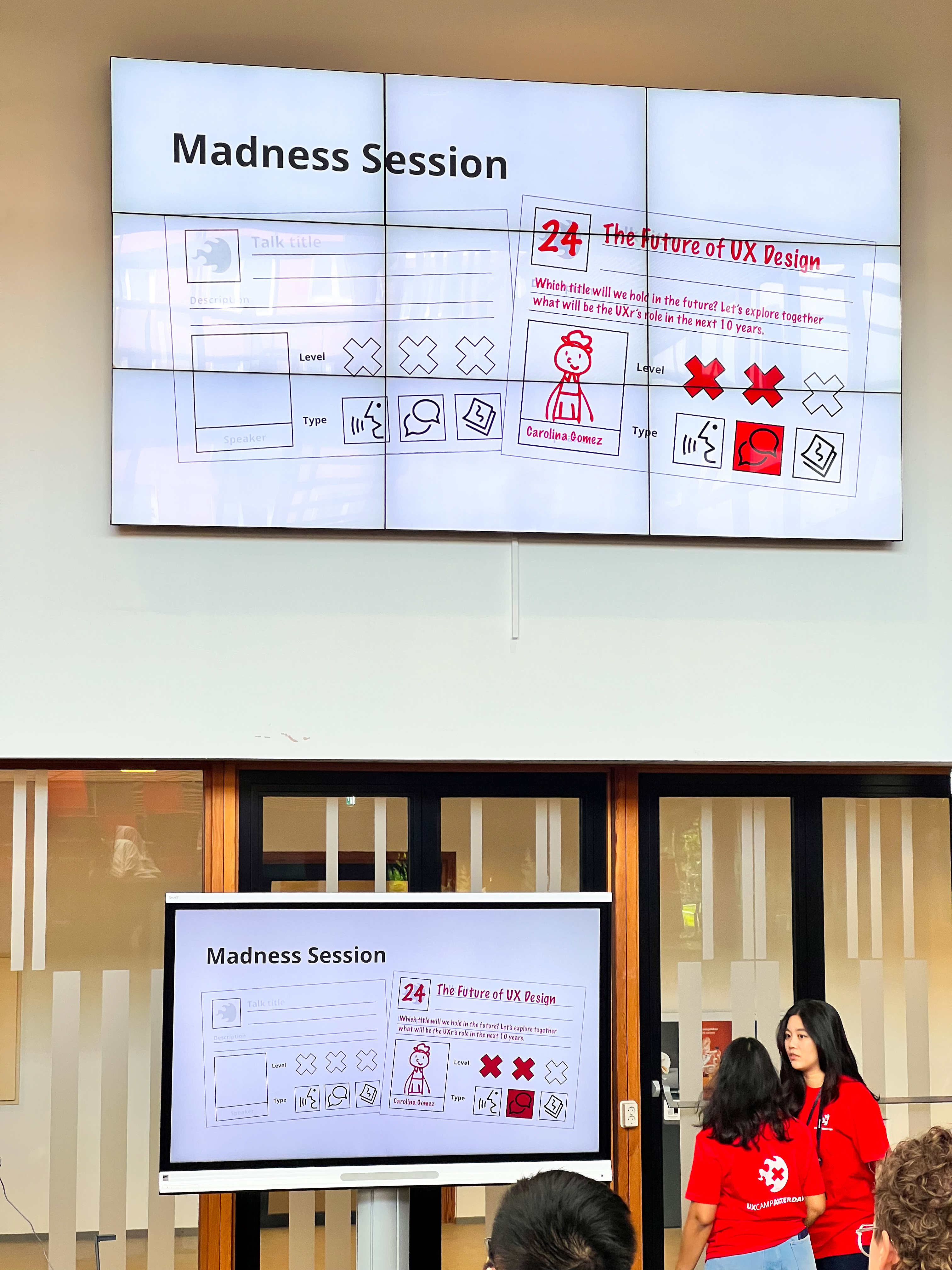 Community-created schedule for UX Camp Amsterdam spread across multiple rooms.