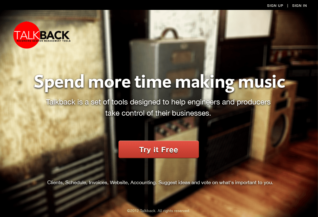 Tlkbck recording studio management application landing page.