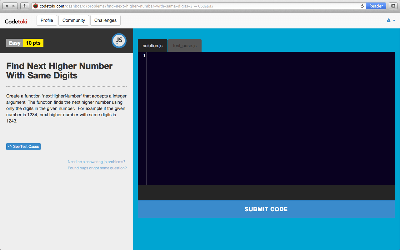 Codetoki JavaScript coding editor with challenge instructions and answer area.