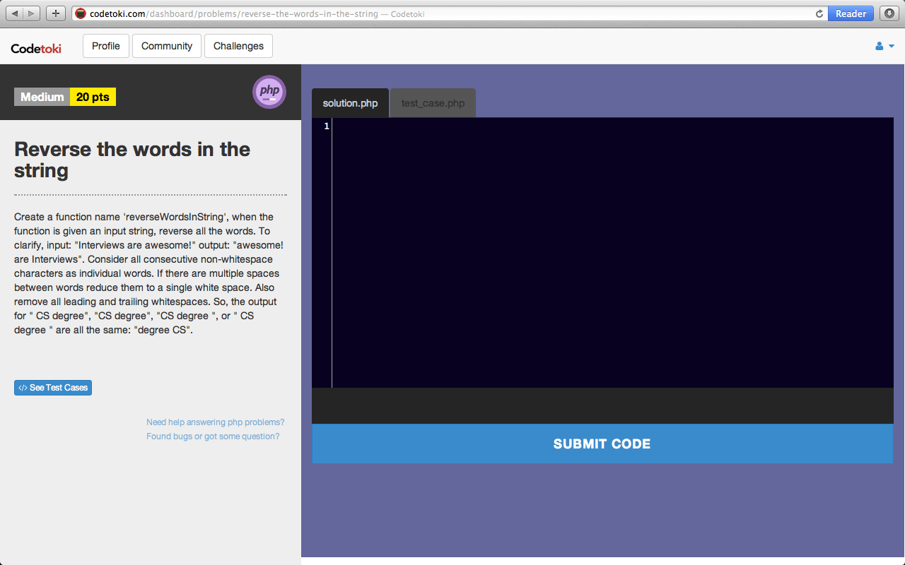 Codetoki PHP coding editor with challenge details and code entry panel.