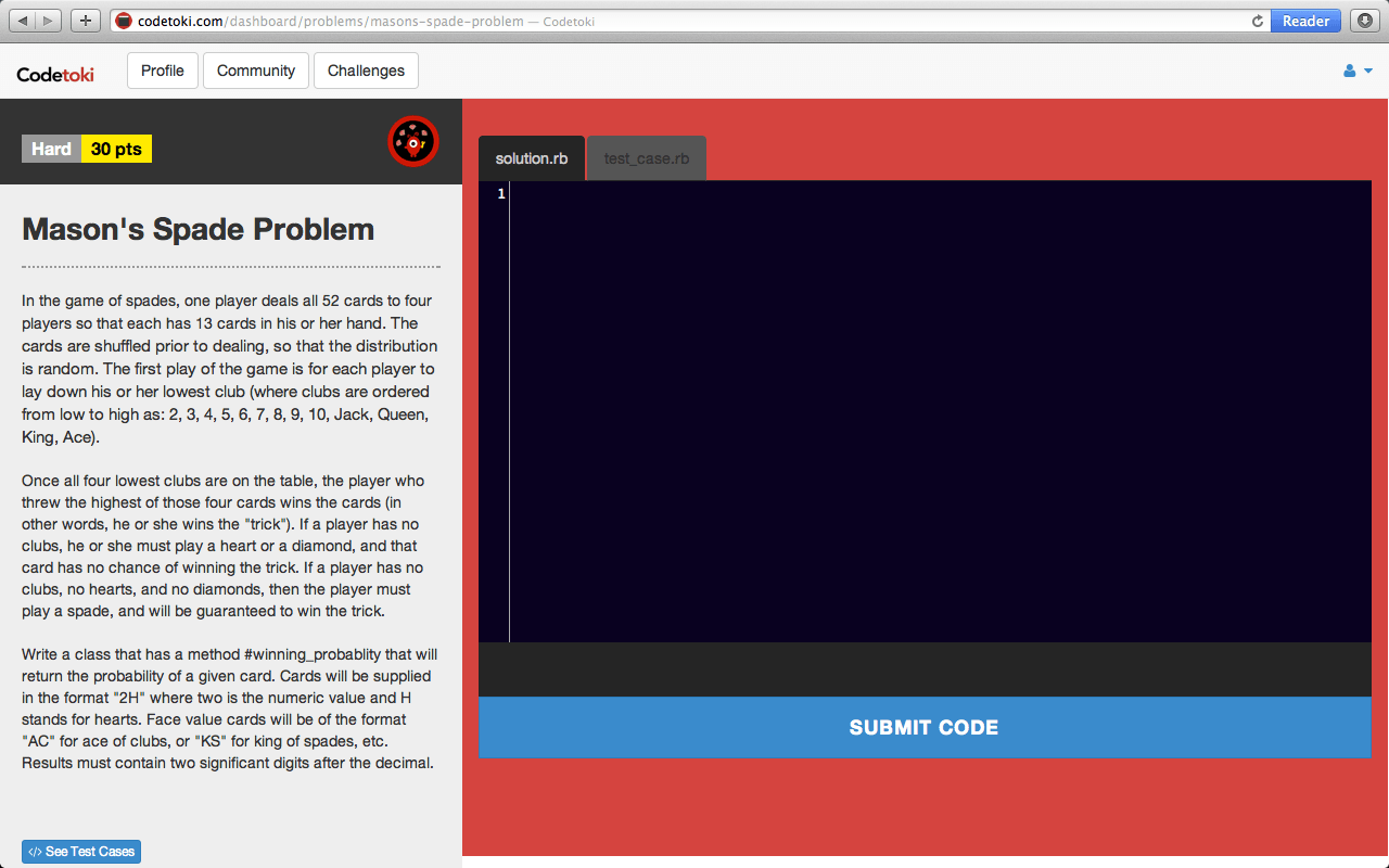 Codetoki Ruby coding editor with challenge instructions and code workspace.
