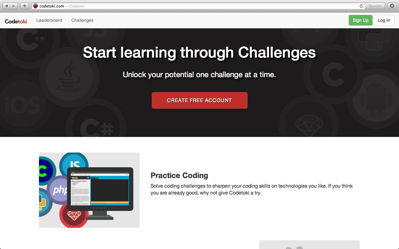 Codetoki landing page introducing coding challenges for students.