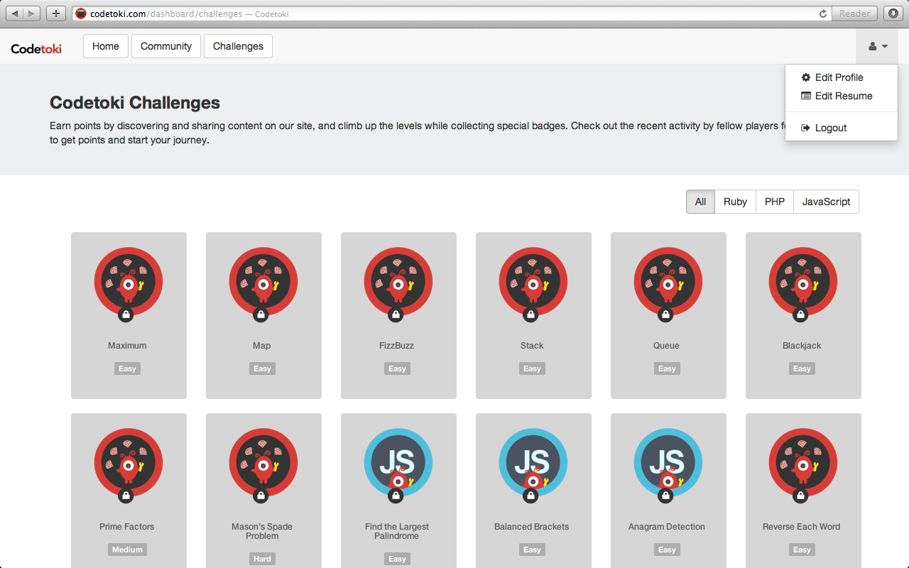 Codetoki challenge page showing a coding problem and progress-oriented interface.