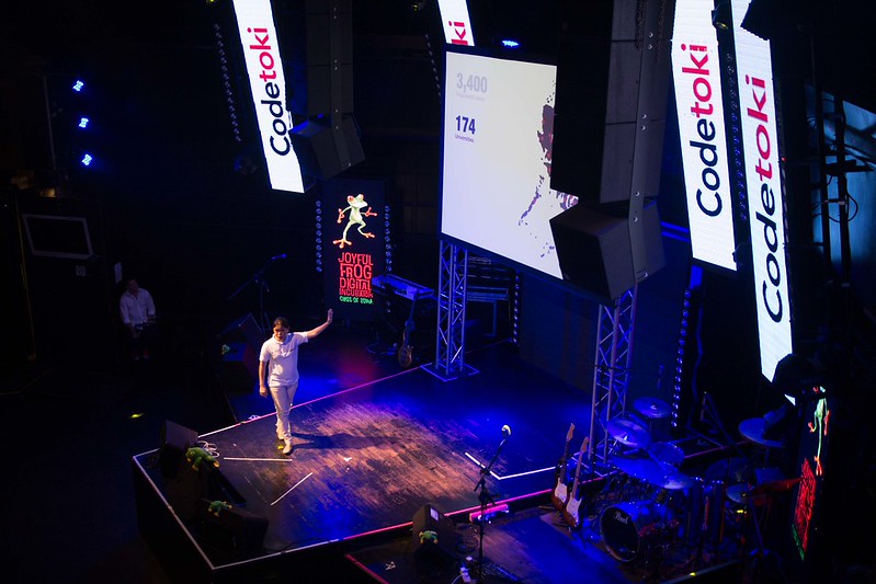 Codetoki presented on stage at JFDI Demo Day in Singapore.