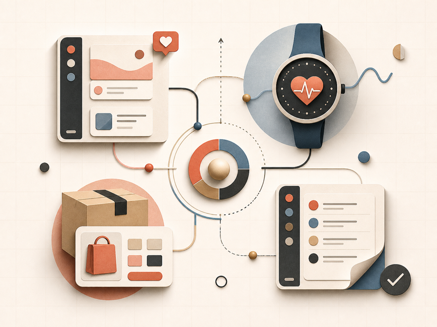Connected abstract interfaces representing social, fitness, shopping, and work systems