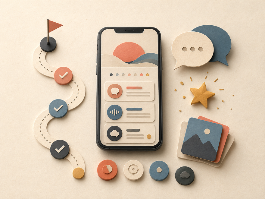 Abstract language-learning interface surrounded by a path of completed lessons and progress markers