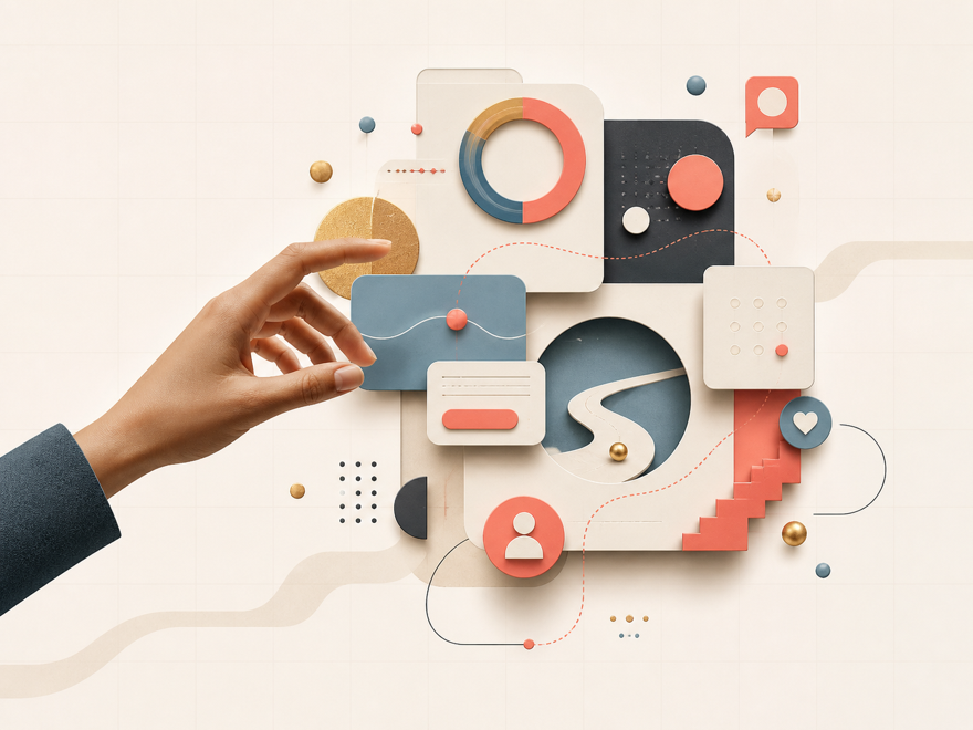 Abstract interface elements and engagement signals connected around a reaching hand