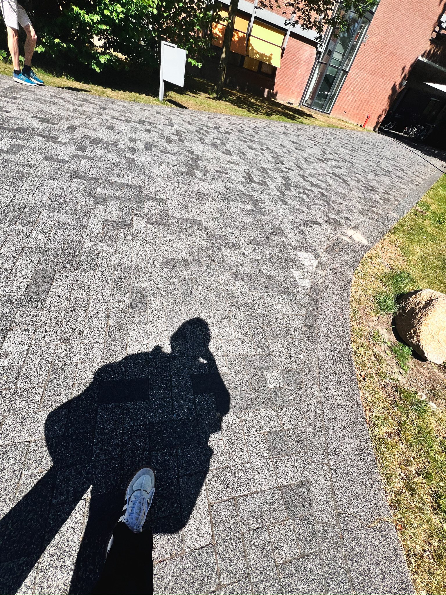 A long shadow cast on patterned paving stones while walking through the Science Park toward the building.